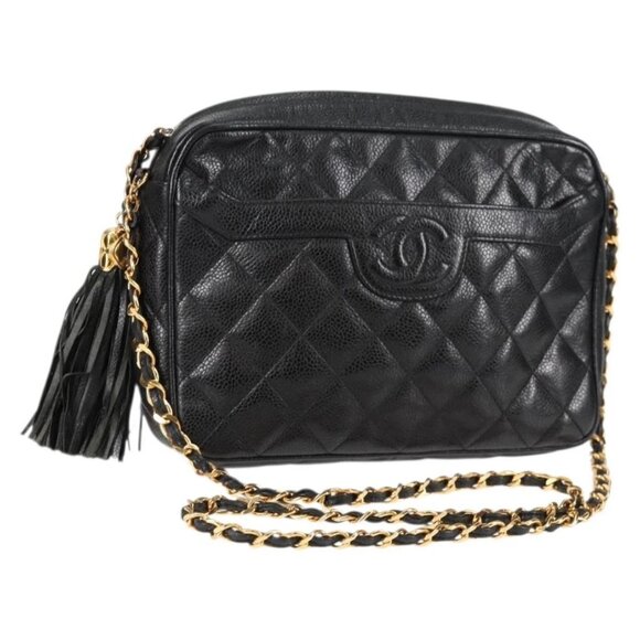 CHANEL Matelasse Chain Shoulder Bag Grained Calf Skin Black Gold CC Auth PP701V - Picture 1 of 16